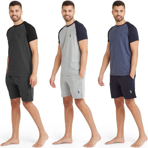 Snuggaroo Mens Raglan Short Sleeve Crew Neck T-Shirt Shorts PJs Pyjama Set