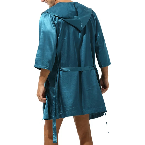 Mens Robes Silky Satin Hooded Bathrobe Luxurious Pyjama Set Nightgowns Sleepwear