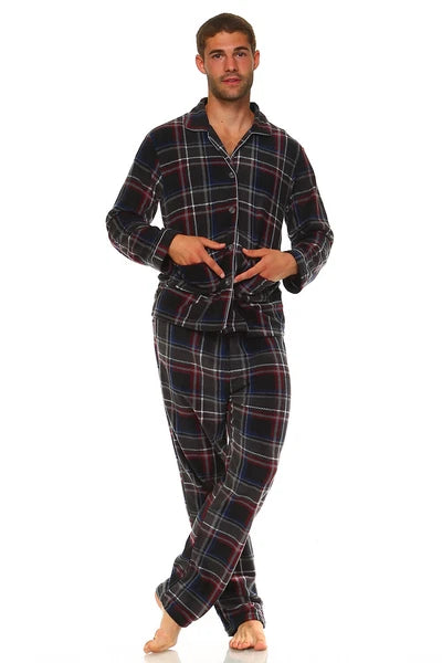 Men's Long Sleeve Pajama Lounge Set Comfortable PJ's Soft Fleece Plaid Sleepwear