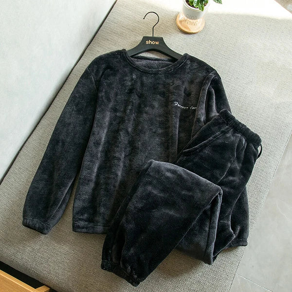 Men Nightwear Pajama Set Flannel Coral Fleece Pullover Tops Soft Long Sleeve New
