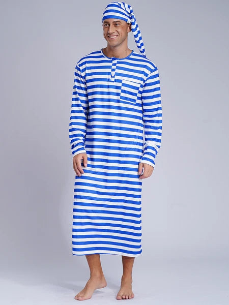 Men's Nightshirt Striped Loose Sleepwear Night Pajama Set Robe with Sleeping Cap