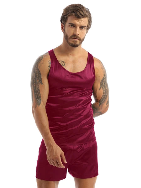 Mens Satin Pajamas Set Lounge Shorts Tank Top Silk Shirt Sleepwear Nightwear