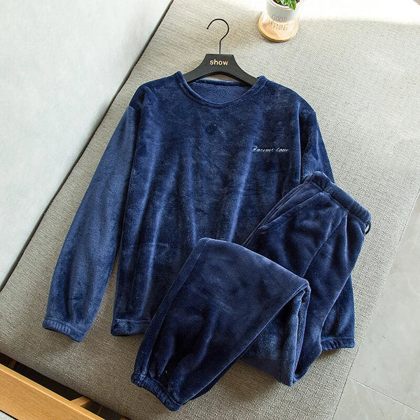 Men Nightwear Pajama Set Flannel Coral Fleece Pullover Tops Soft Long Sleeve New