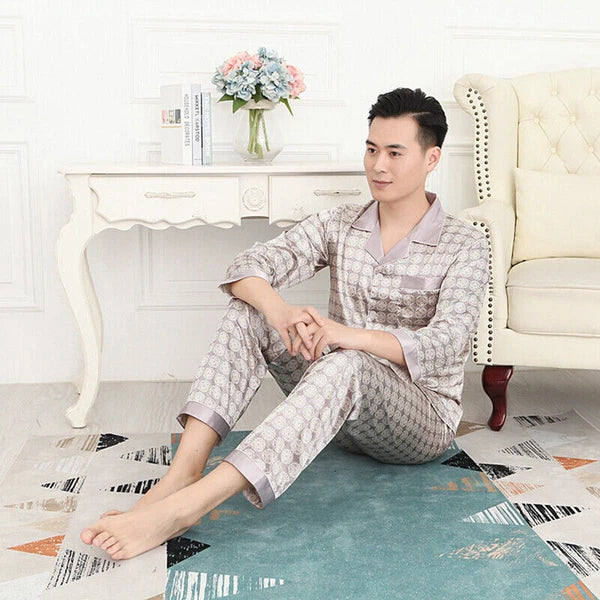 Men Silk Satin Pajamas Set Pyjamas Luxury Set Long Sleeve Sleepwear Loungewear*n