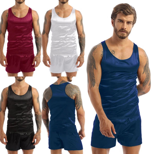 Mens Satin Pajamas Set Sleeveless Tank Top with Shorts Sleepwear Nightwear