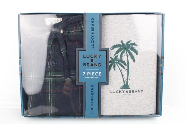 Lucky Brand Men's Pajama Set Christmas Palm Tree Long Sleeve Henley Flannel Pant