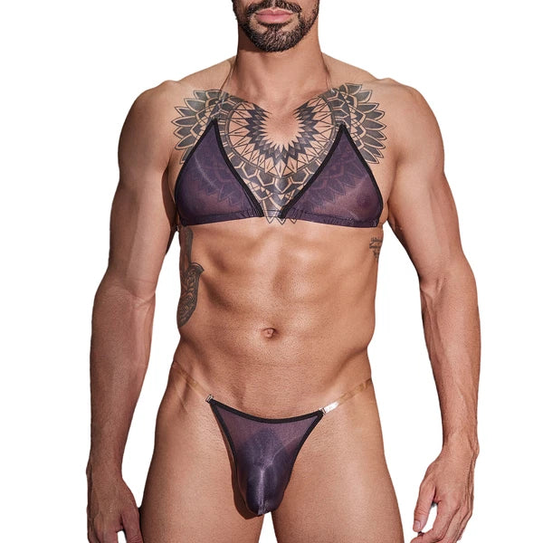 Man Nightwear See Through Set Gay Crossdress Transparent Lingerie Silky Satin