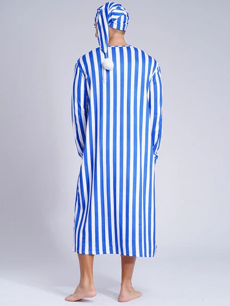 Men's Sissy Nightwear Loose Striped Robe Long Sleeve Nightshirt Cap Pajama Sets