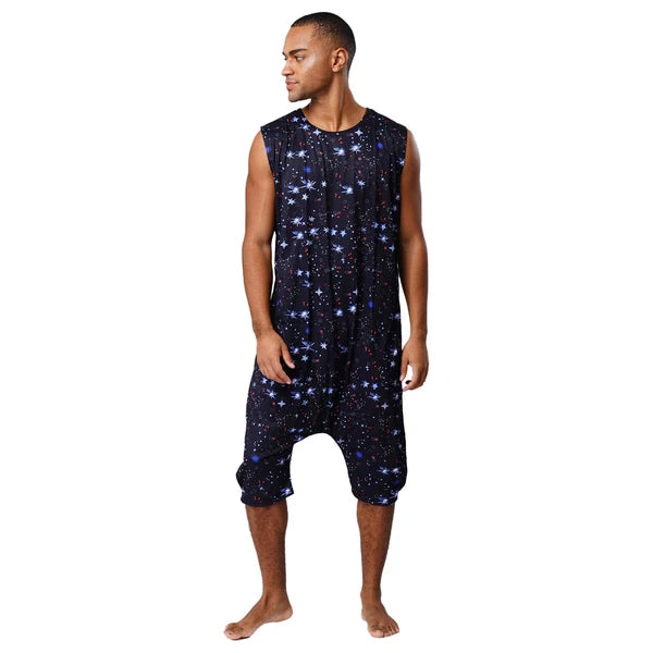 Men's Loose Romper Pajamas Jumpsuit Sleepwear Zipper Crotch One Piece Bodysuit