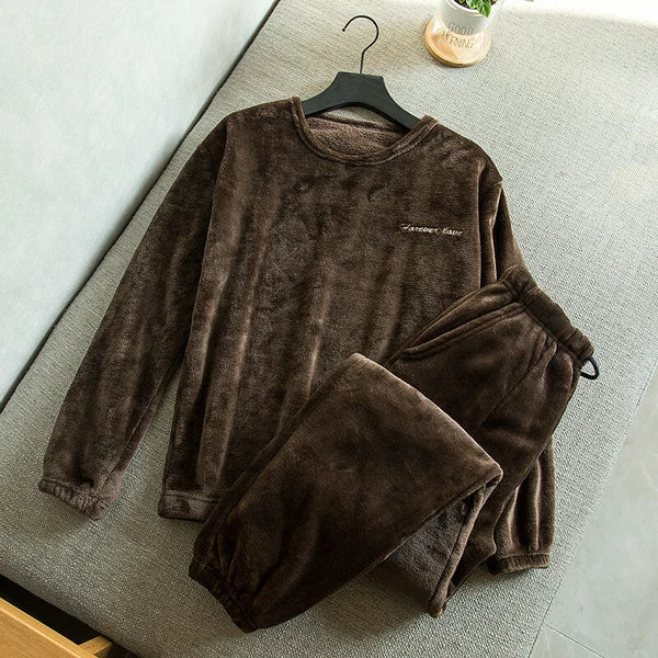 Men Nightwear Pajama Set Flannel Coral Fleece Pullover Tops Soft Long Sleeve New