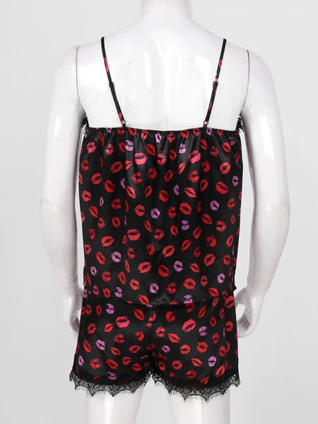 Mens Satin Pajamas Set Sleeveless Tank Top with Shorts Sleepwear Nightwear