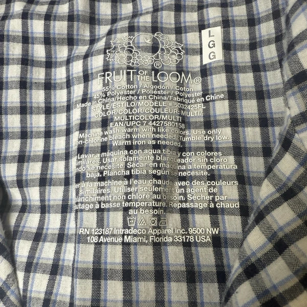 Fruit Of The Loom Pajama Set Mens Large Check White Blue Pjs Lounge Wear Grandpa
