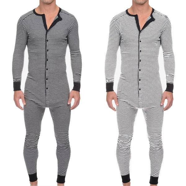 Men Striped One piece Jumpsuits Nightwear 1onesie Pyjamas Long Sleeve Pajamas