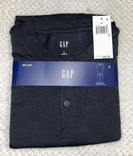 GAP Men's 2-Pc. Heathered Henley Shirt & Shorts Pajama Set. Small. Black. New