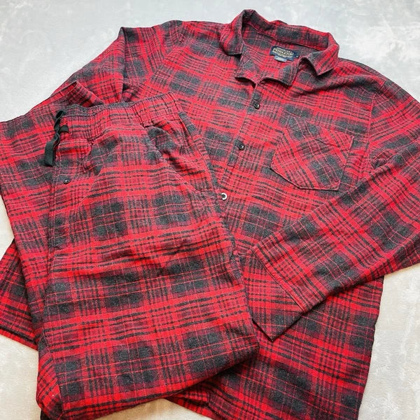 Pendleton Pajamas 2 Piece Set Mens M Red Black Plaid Long Sleeve Shirt Pants