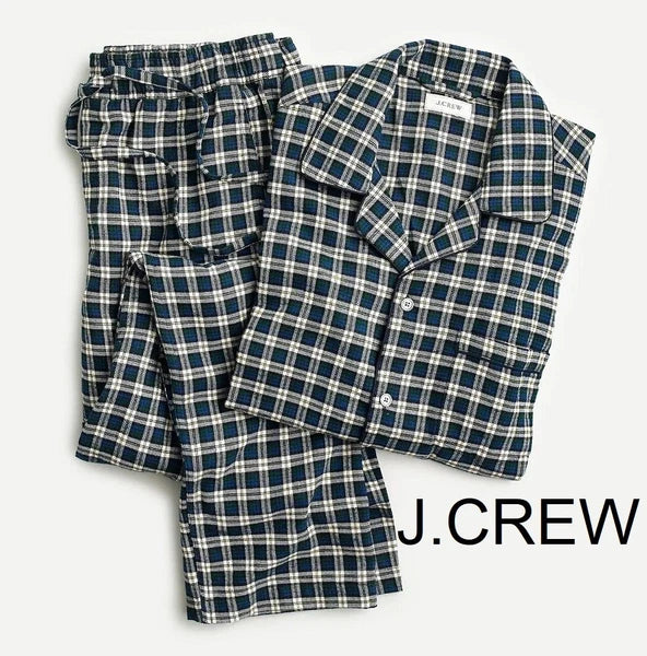 JCREW pajama set pants shirt flannel cotton green white check plaid tartan NWT