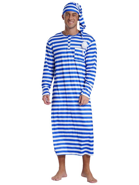 Men's Nightshirt Striped Loose Sleepwear Night Pajama Set Robe with Sleeping Cap