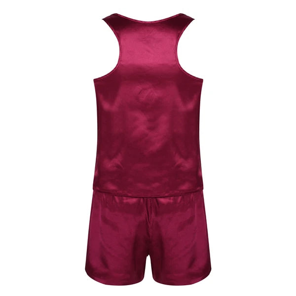 Mens Satin Pajamas Set Sleeveless Tank Top with Shorts Sleepwear Nightwear