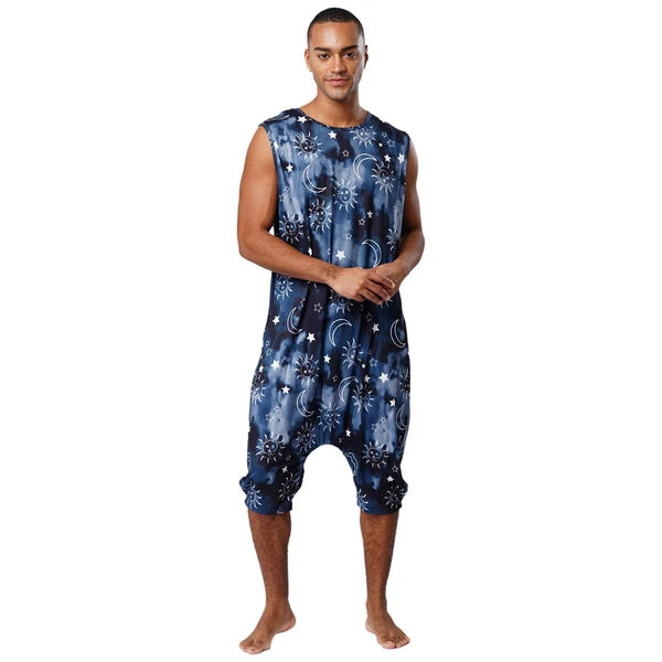 Men's Loose Romper Pajamas Jumpsuit Sleepwear Zipper Crotch One Piece Bodysuit