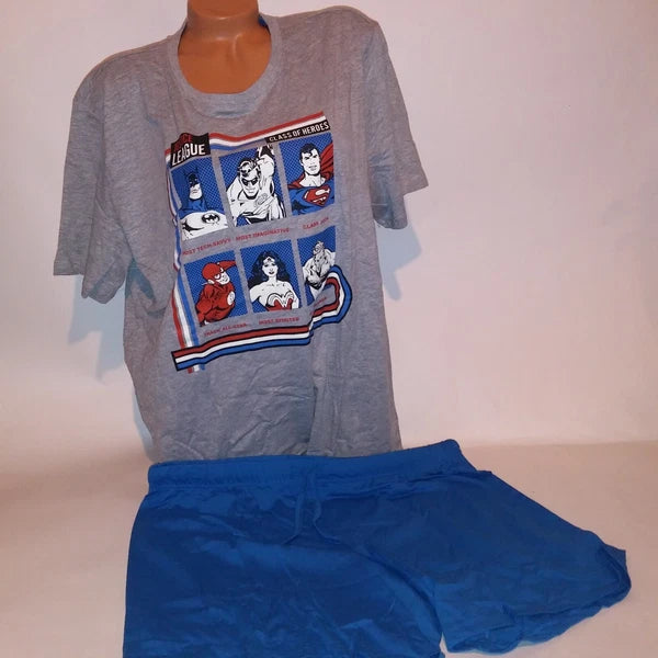 Justice League Pajama Set Top & Bottom Mens Blue Gray Graphic Tee Short Sleeve