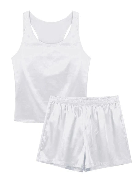 Mens Satin Pajamas Set Lounge Shorts Tank Top Silk Shirt Sleepwear Nightwear