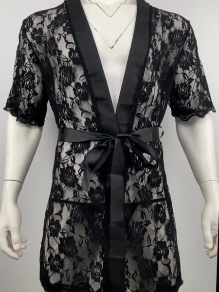 Men Lace Robe Gown Bathrobe Sissy Nightwear See Through Underwear Pajamas