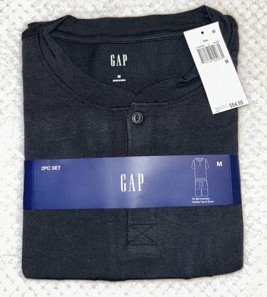 GAP Men's 2-Pc. Heathered Henley Shirt & Shorts Pajama Set. Medium. Black. New