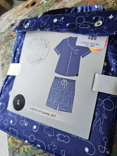 DISNEY 100 Years Satin Pyjama Set Mens SIZE LARGE Blue Short Sleeve BNWT