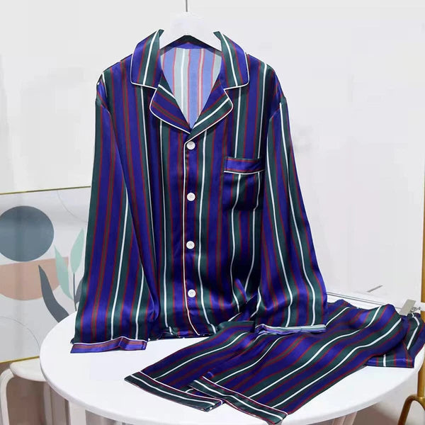 Men's 100% Mulberry Silk Striped Pajamas Set Long Sleeves Silk Sleepwear S M L