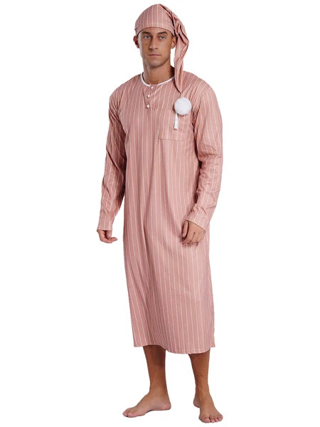 Men's Sissy Nightwear Loose Striped Robe Long Sleeve Nightshirt Cap Pajama Sets