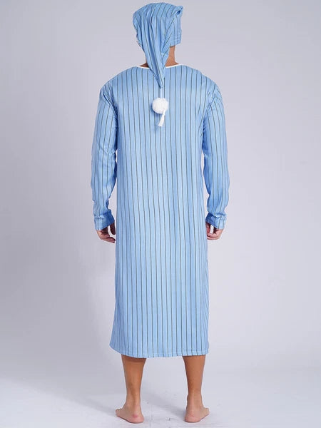 Men's Sissy Nightwear Loose Striped Robe Long Sleeve Nightshirt Cap Pajama Sets