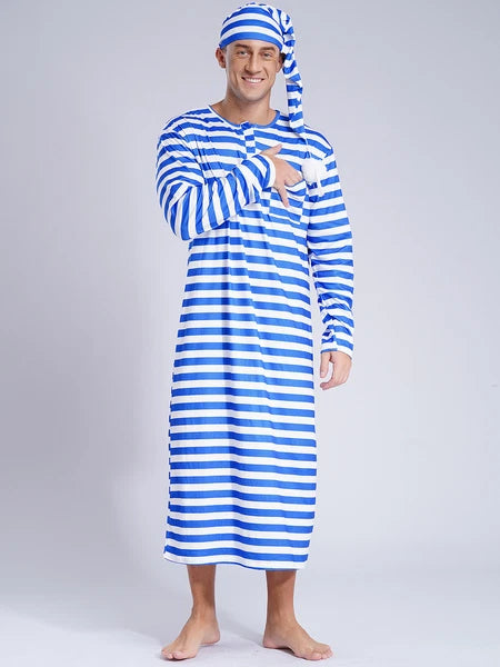 Men's Nightshirt Striped Loose Sleepwear Night Pajama Set Robe with Sleeping Cap