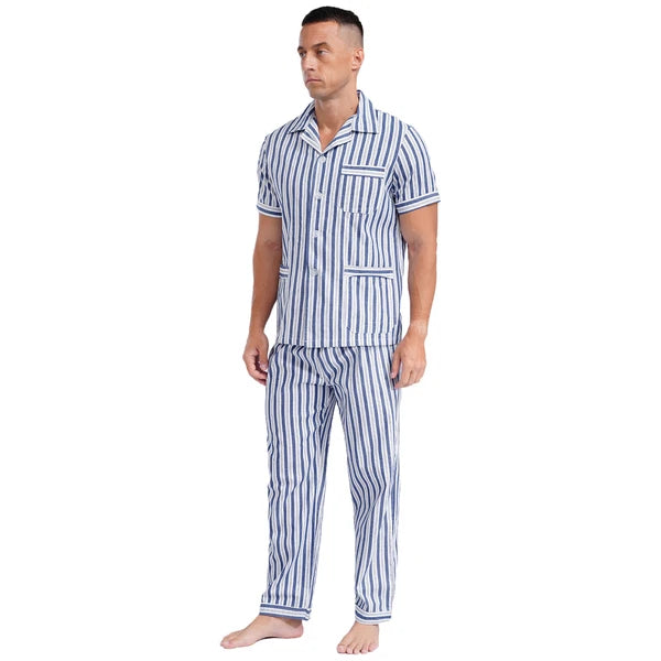 Mens Pajama Set Button Down Sleepwear Shirt Homewear Striped Nightgown Pockets