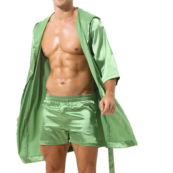 Mens Robes Silky Satin Hooded Bathrobe Luxurious Pyjama Set Nightgowns Sleepwear