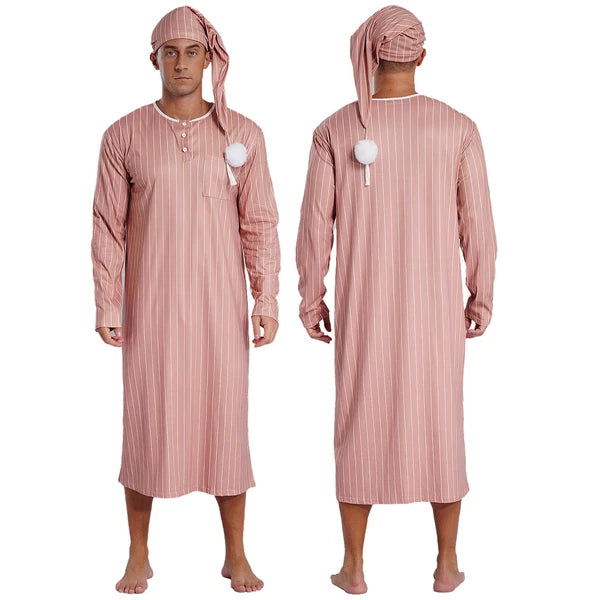 Men's Sissy Nightwear Loose Striped Robe Long Sleeve Nightshirt Cap Pajama Sets