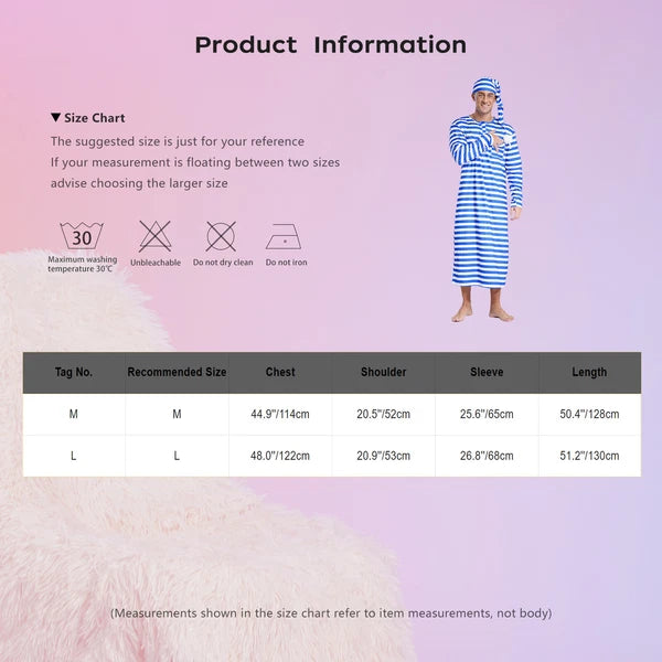Men's Nightshirt Striped Loose Sleepwear Night Pajama Set Robe with Sleeping Cap