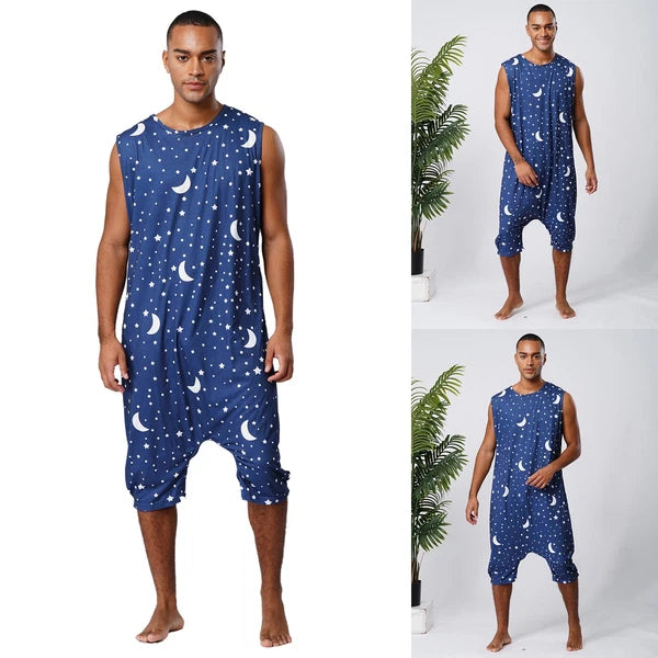 Men's Loose Romper Pajamas Jumpsuit Sleepwear Zipper Crotch One Piece Bodysuit