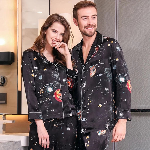 Men's 100% Pure Mulberry Silk Pajamas Set Print Silk Sleepwear Black