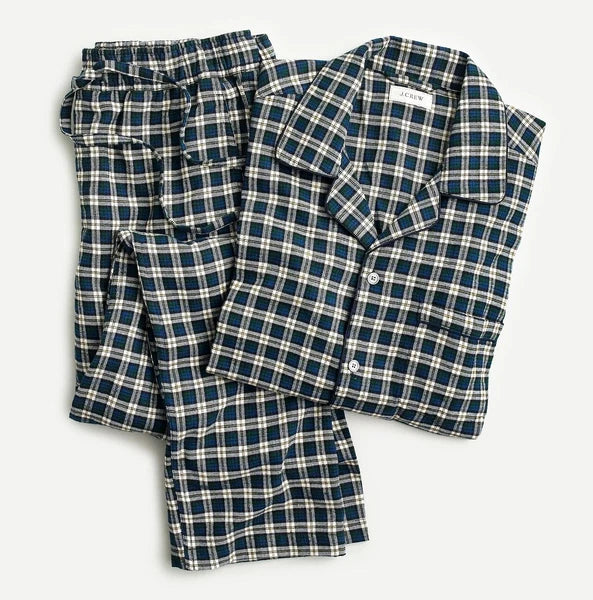 JCREW pajama set pants shirt flannel cotton green white check plaid tartan NWT