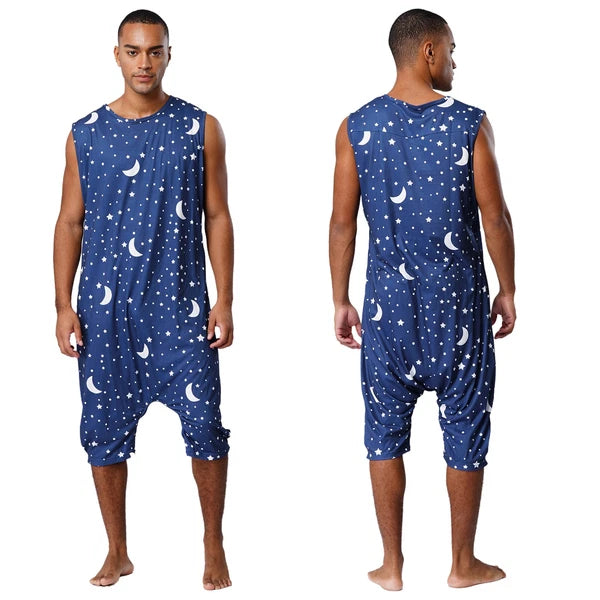 Men's Loose Romper Pajamas Jumpsuit Sleepwear Zipper Crotch One Piece Bodysuit