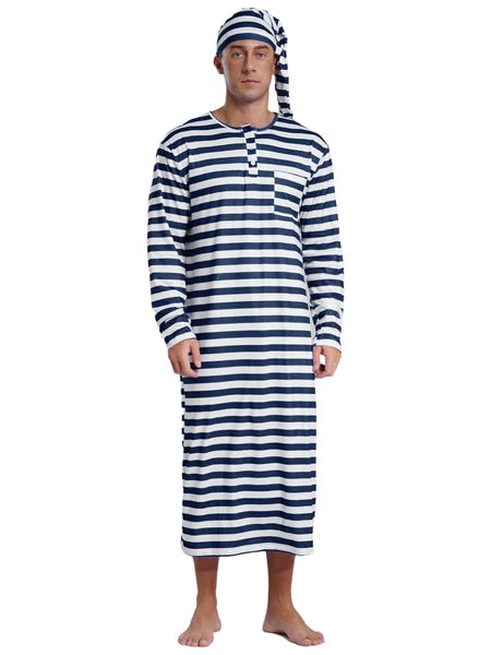 Men's Nightshirt Striped Loose Sleepwear Night Pajama Set Robe with Sleeping Cap