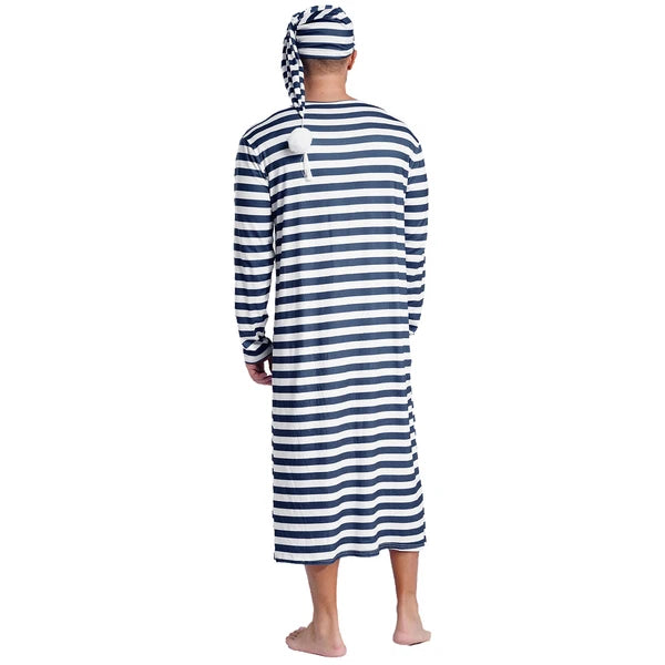 Men's Nightshirt Striped Loose Sleepwear Night Pajama Set Robe with Sleeping Cap