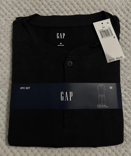 GAP Men's 2-Pc. Heathered Henley Shirt & Shorts Pajama Set. Medium. Black. New
