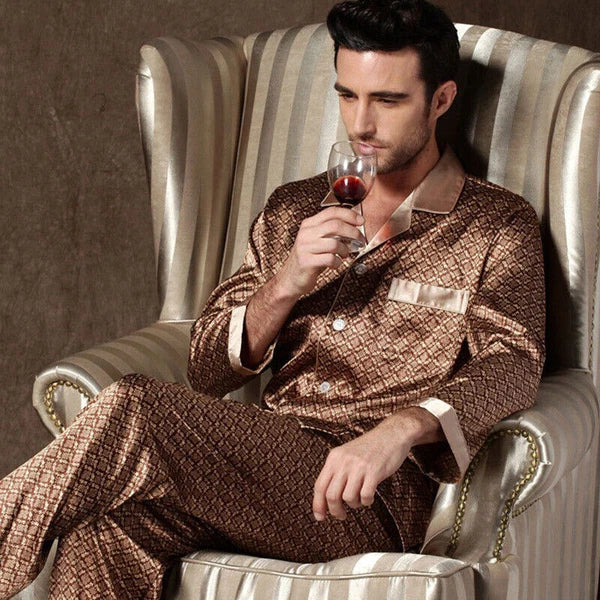 Men Silk Satin Pajamas Set Pyjamas Luxury Set Long Sleeve Sleepwear Loungewear*n