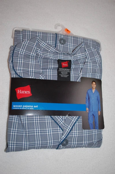 Mens PAJAMA SET Lightweight Woven GRAY BLUE WHITE PLAID Pants & L/S Top SIZE S