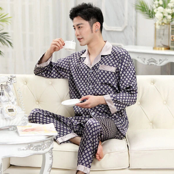Men Silk Satin Pajamas Set Pyjamas Luxury Set Long Sleeve Sleepwear Loungewear*n