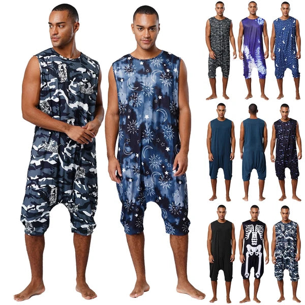 Men's Loose Romper Pajamas Jumpsuit Sleepwear Zipper Crotch One Piece Bodysuit