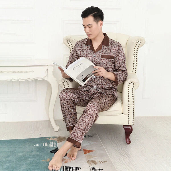 Men Silk Satin Pajamas Set Pyjamas Luxury Set Long Sleeve Sleepwear Loungewear*n