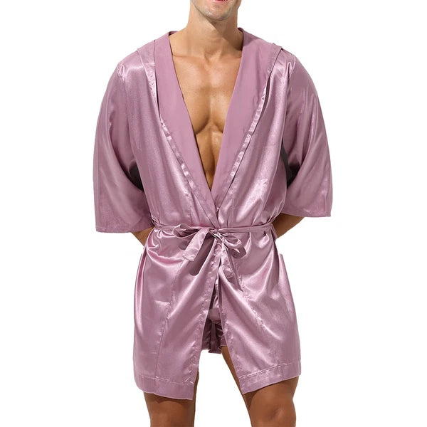 Mens Robes Silky Satin Hooded Bathrobe Luxurious Pyjama Set Nightgowns Sleepwear