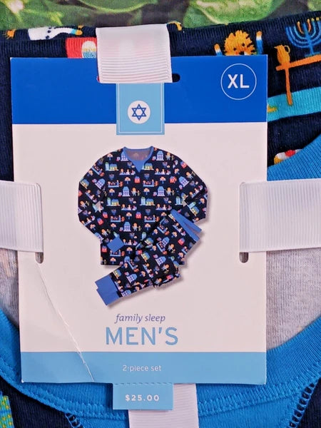 Hanukkah Menorah Men’s XL Blue  Pajama Set Dreidel Lion Jewish 100% Cotton NWT